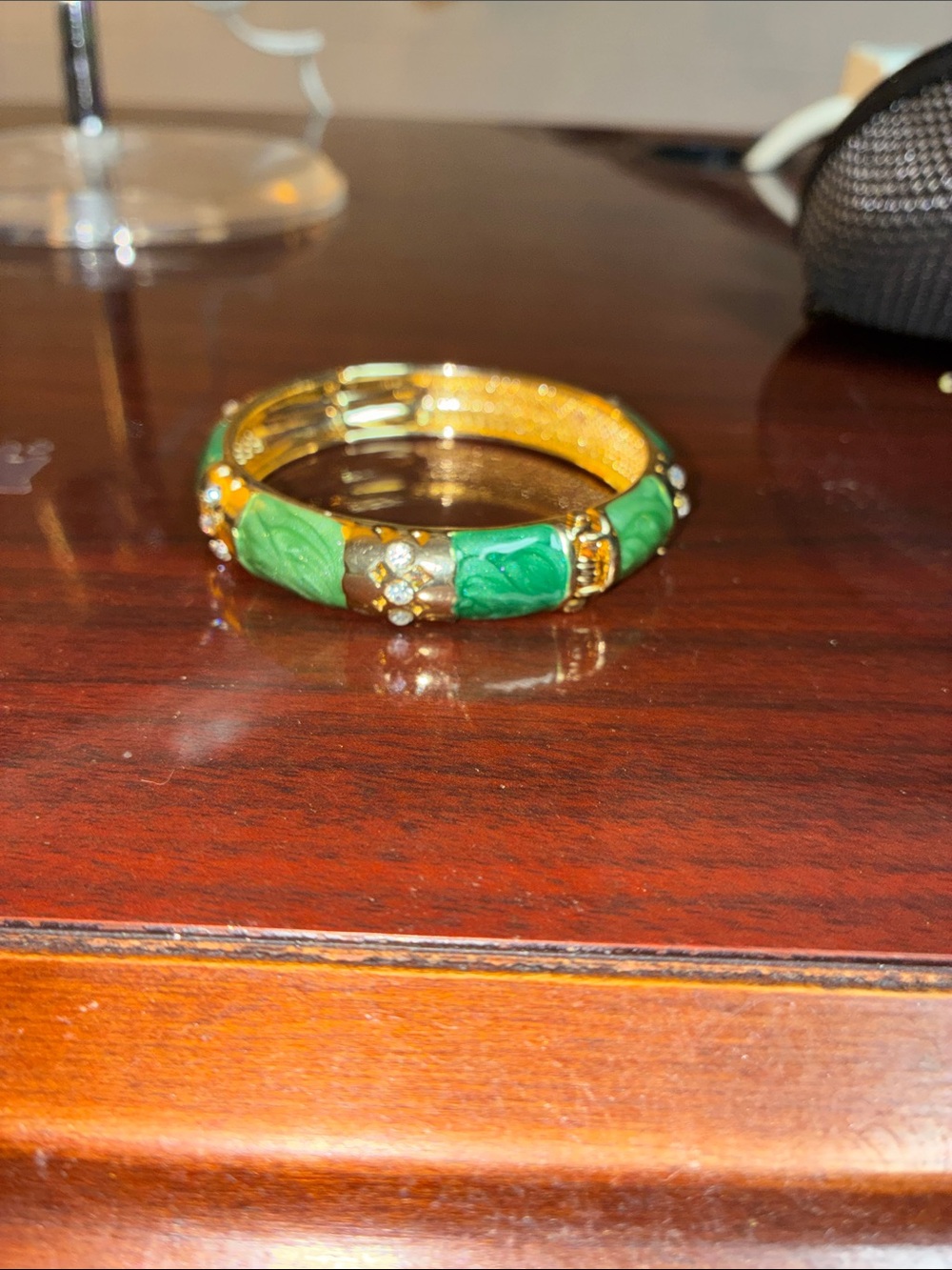 Gold-Tone Green Enamel Floral Bangle Bracelet